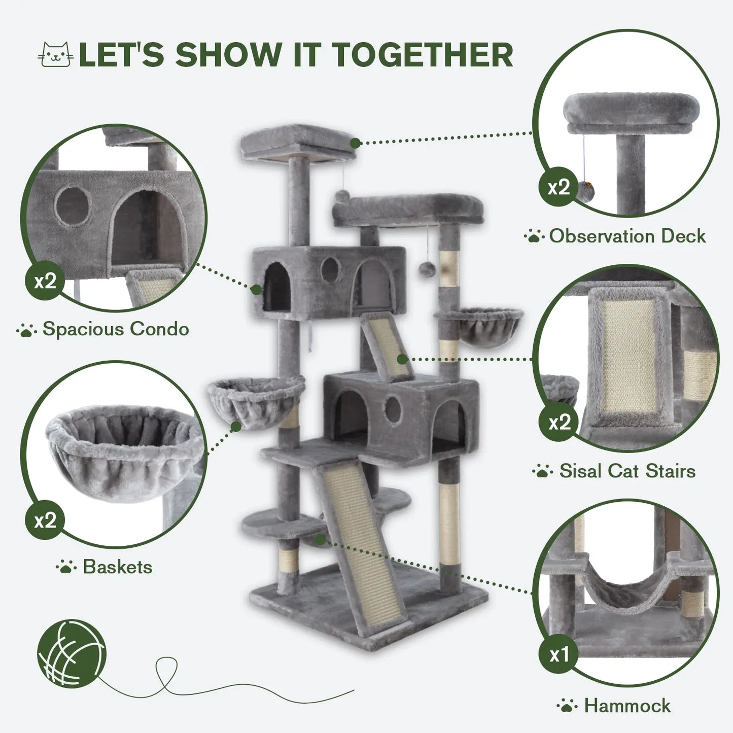 MUTICOR 65In Multi-Level Cat Tree Tower for Indoor Big Cats with Cozy Plush Perches,Cat Condo,Sisal Scratching Posts & Hammock and Baskets#Summervibes