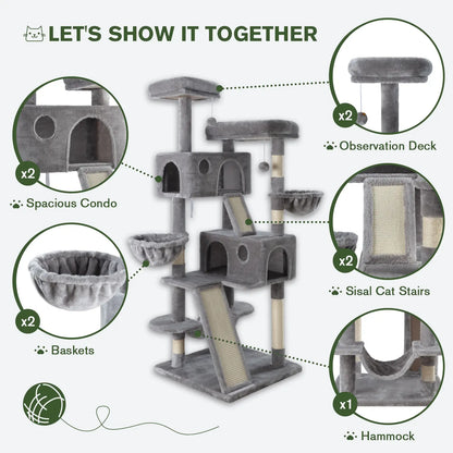 MUTICOR 65In Multi-Level Cat Tree Tower for Indoor Big Cats with Cozy Plush Perches,Cat Condo,Sisal Scratching Posts & Hammock and Baskets#Summervibes